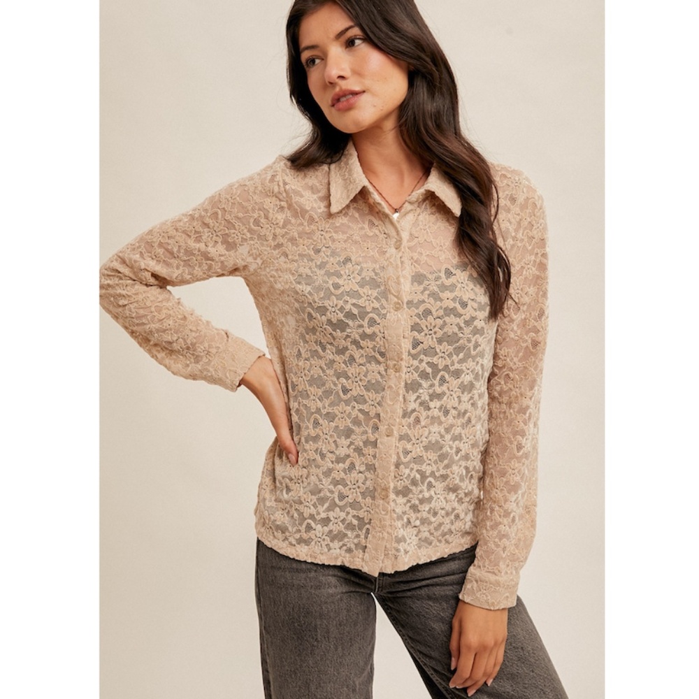 Hem & Thread NWT Beige Lace Button-Down Shirt